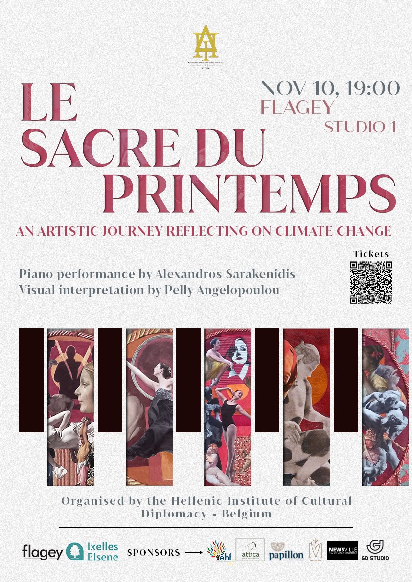 Affiche. Le sacre du printemps. An artistic journey reflecting on climate change. Organised by the Hellenic Institute of Cultural Diplomacy - Belgium. 2024-11-10